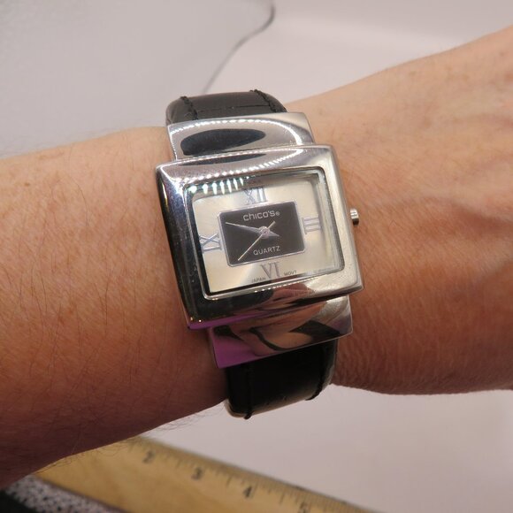 Chicos Ladies Hinged Cuff Watch Silver Tone and Black Faux Leather - Picture 1 of 6